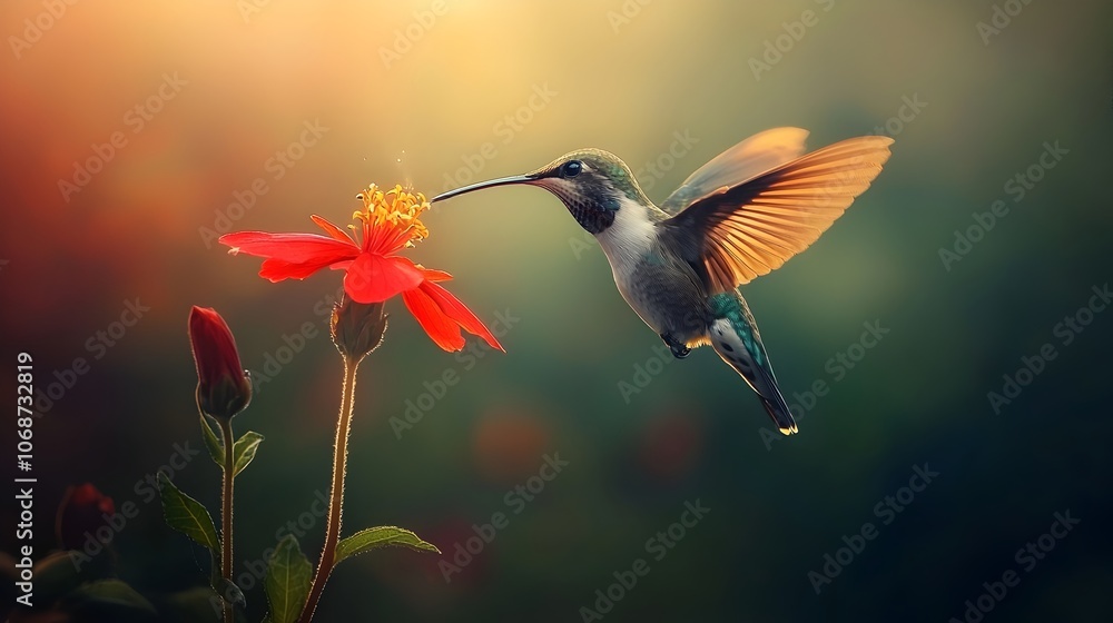 Naklejka premium Delicate Hummingbird Sipping Nectar from Vibrant Red Flower in Soft Morning Light