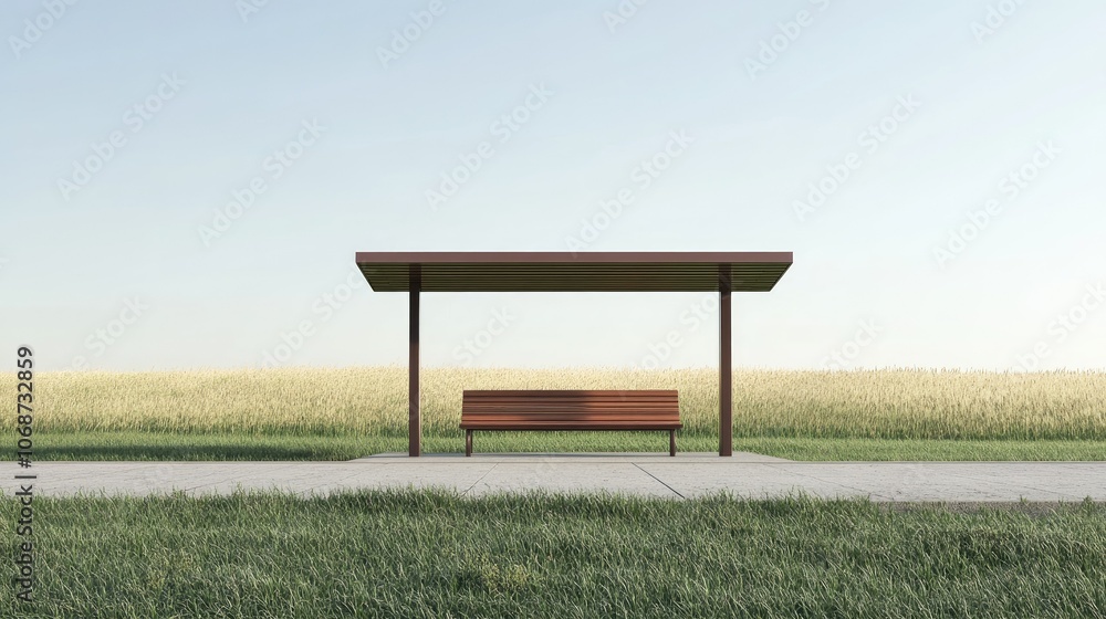 Minimalist Bus Stop in Open Field Landscape Minimalist Bus Stop in Open Field Landscape