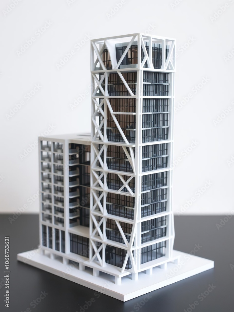 Modern architectural model of a high-rise building with intricate geometric shapes and glass facade, structure Modern architectural model of a high-rise building with intricate geometric shapes and glass facade, structure