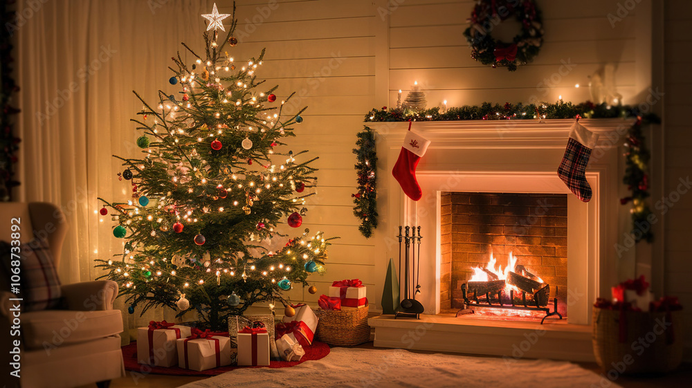 Decorated Christmas Tree and a fire place in a cosy Winter Home Decorated Christmas Tree and a fire place in a cosy Winter Home