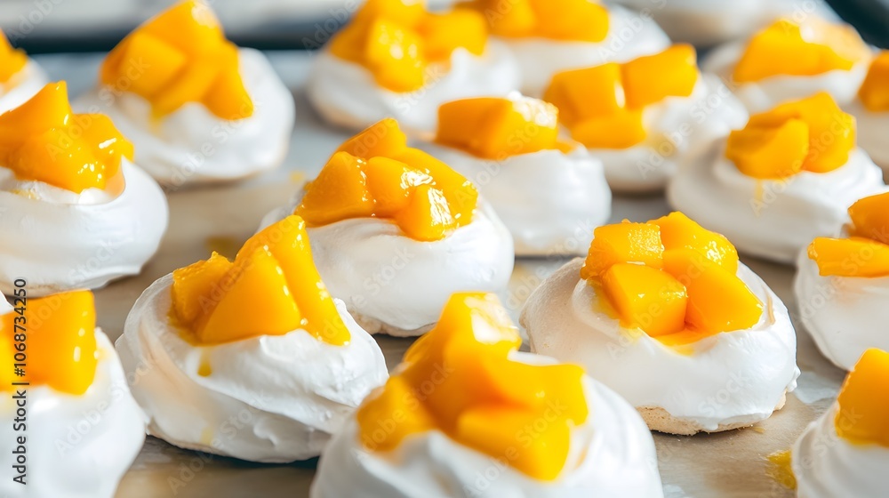 Close-up of pavlova desserts topped with fresh mango chunks. Close-up of pavlova desserts topped with fresh mango chunks.