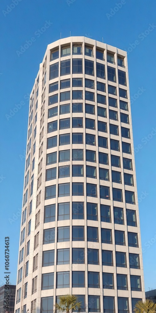 Modern office building against clear blue sky, representing professionalism and success, office building Modern office building against clear blue sky, representing professionalism and success, office building