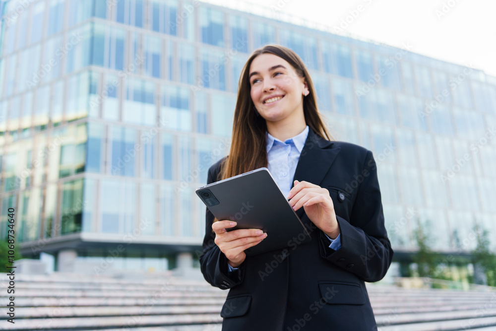 Professional Woman in Formal Attire Smiles While Using a Tablet Outside a Modern Office Building During Daylight Professional Woman in Formal Attire Smiles While Using a Tablet Outside a Modern Office Building During Daylight