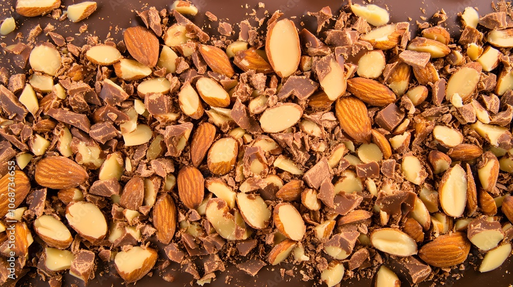 Assorted chopped almonds and chocolate pieces create a rich, textured backdrop.