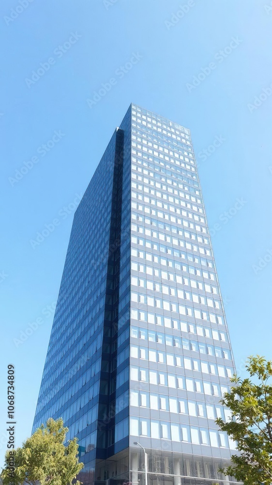 Modern office building with glass facade standing tall against a clear blue sky, business district Modern office building with glass facade standing tall against a clear blue sky, business district