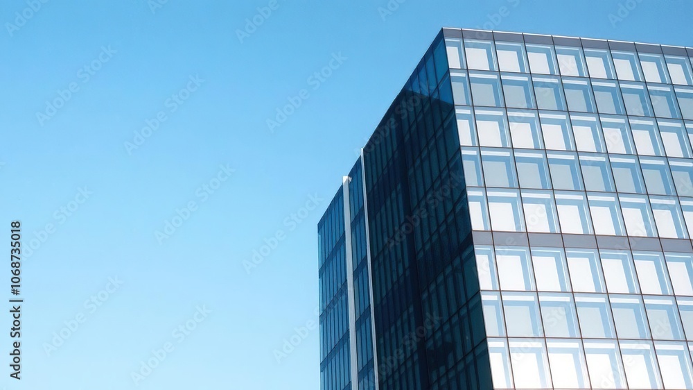 Modern office building with sleek glass facade against a clear blue sky backdrop, background Modern office building with sleek glass facade against a clear blue sky backdrop, background