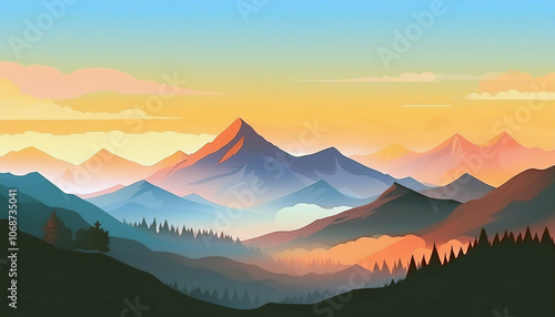 Mountain Landscape with Golden Sunset