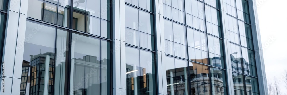 Modern office building with sleek glass windows and a reflective facade, urban Modern office building with sleek glass windows and a reflective facade, urban