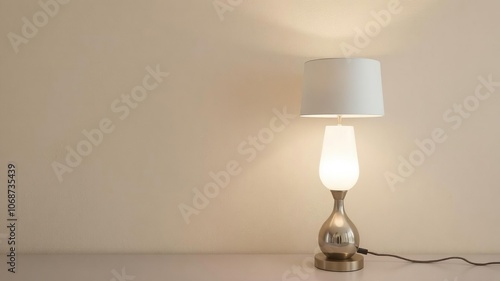 Modern sleek lamp with a metallic base and white lampshade standing against a textured beige wall, stylish photo