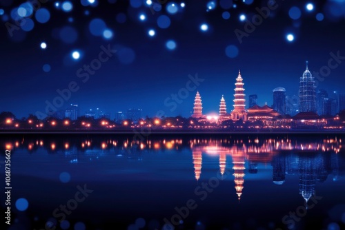 A serene night view of illuminated pagodas reflecting on water, surrounded by a glowing cityscape and sparkling blue lights.