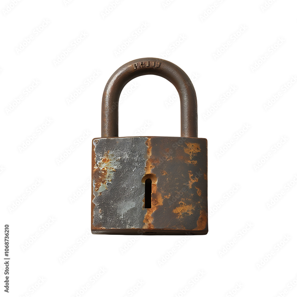 A rusty padlock with a keyhole on a black background. A rusty padlock with a keyhole on a black background.