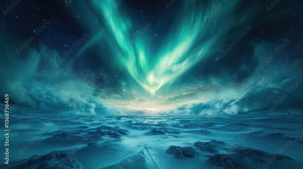 Naklejka premium Stunning Aurora Borealis Over Frozen Landscape at Night