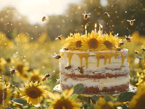 Rustic Birthday Cake in Sunflower Field with Honey and Bees Under Golden Light