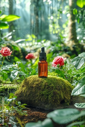 Serene forest with essential oil bottle surrounded by lush greenery and roses