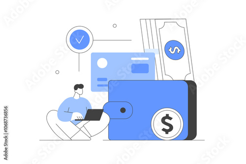 Financial concept. Character saving money in cash, credit card or in savings bank accounts. Personal finance management and savings. Vector Illustration, icon. Stylish, Minimalist line, abstract