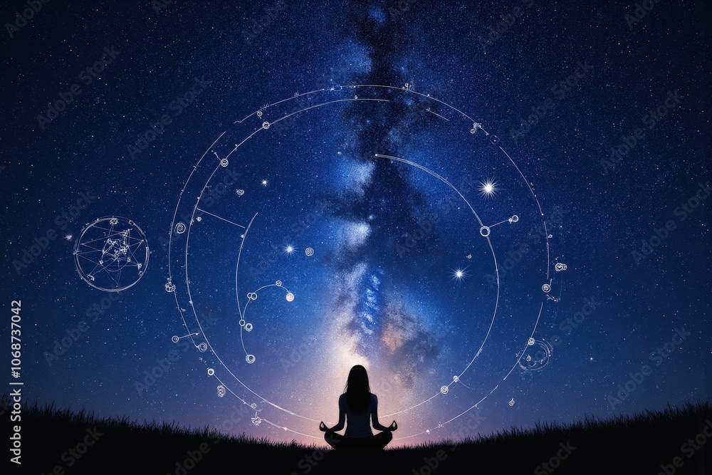 Meditation under the stars: silhouette and celestial patterns against a milky way backdrop. Meditation under the stars: silhouette and celestial patterns against a milky way backdrop.