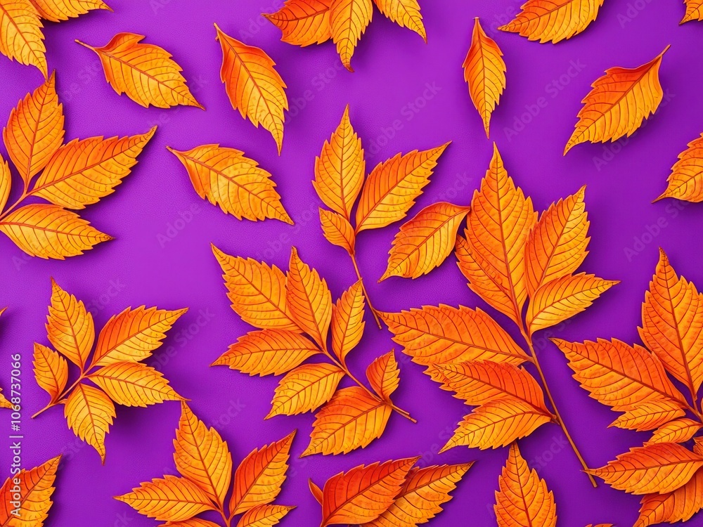 Pattern of dry orange metallic leaves on violet background, decor Pattern of dry orange metallic leaves on violet background, decor