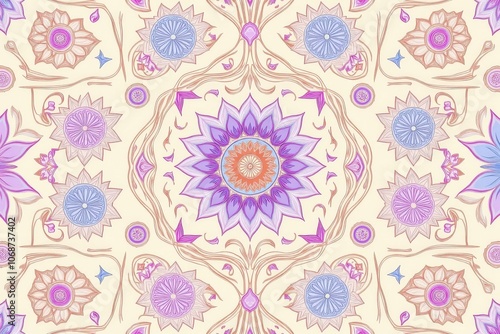 Seamless floral mandala pattern with pastel colors and intricate geometric designs.