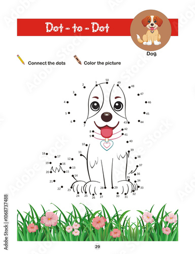 Dot to dot activity worksheet for preschool kids. Activity of learning numbers from 1 to 50 and pen control. Connect the dots to draw a dog.