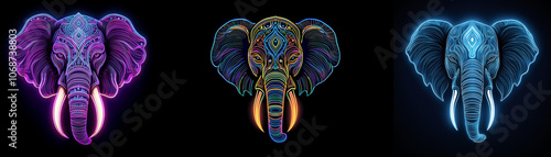 Three elephant heads with intricate patterns, glowing in purple, rainbow, and blue hues. photo