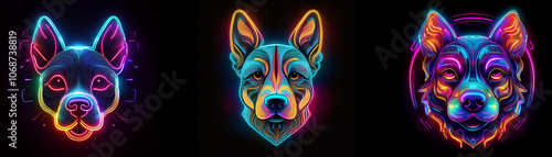 Three neon glowing dog heads with different colors of blue, pink, orange, and yellow.