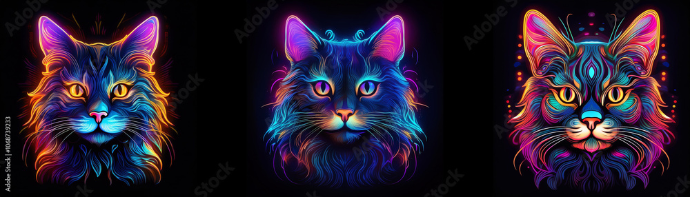 Three colorful cat heads in a dark background. Three colorful cat heads in a dark background.