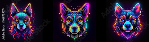 Three dog portraits with neon outlines against a dark background. photo