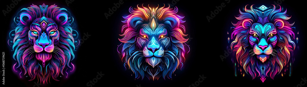Three neon-colored lion heads with intricate designs in a dark background. Three neon-colored lion heads with intricate designs in a dark background.