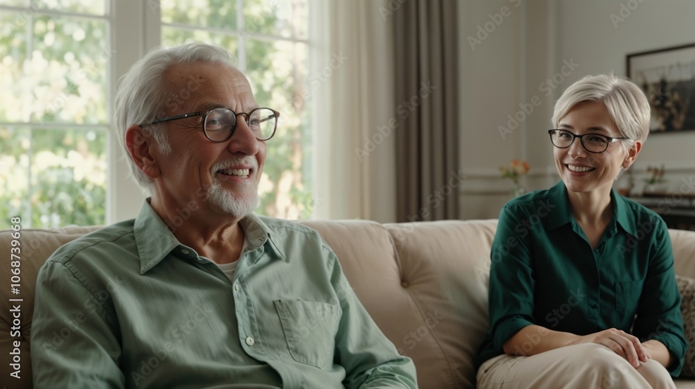 Senior Man and Woman Talking on Sofa: Happy, Conversation, Home, Elderly, Care, Family, Support, Comfort, Living Room, Together Senior Man and Woman Talking on Sofa: Happy, Conversation, Home, Elderly, Care, Family, Support, Comfort, Living Room, Together