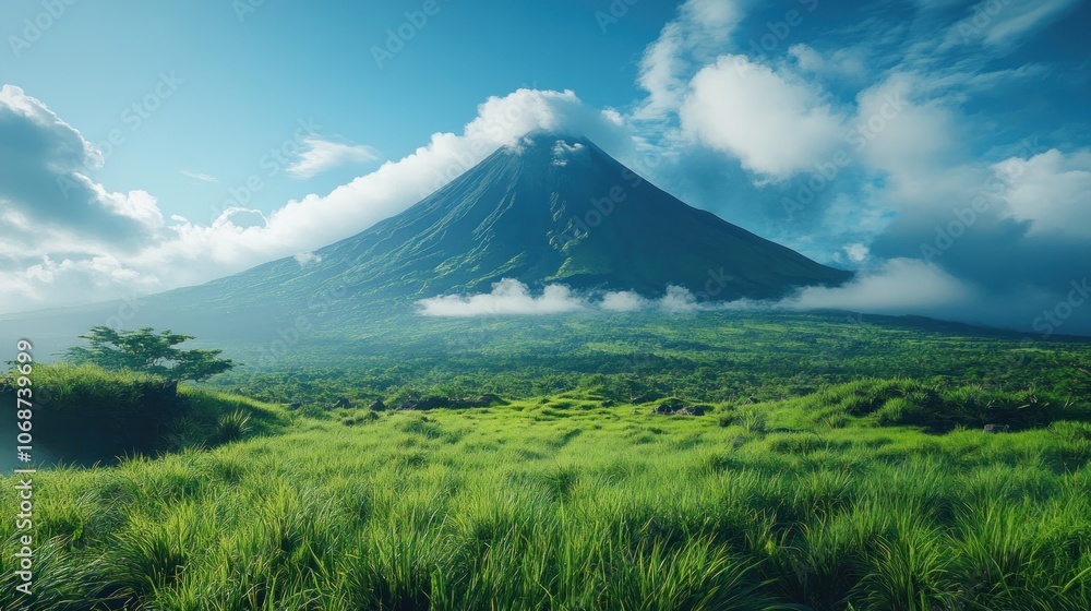 Fototapeta premium Lush Green Grassland with a Majestic Mountain in the Background