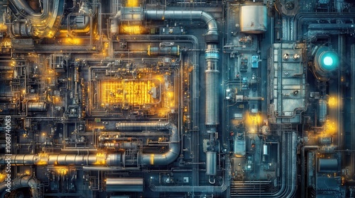 Complex industrial machinery with intricate pipelines and systems illuminated by contrasting golden and blue lights, creating a cyberpunk-like technological landscape