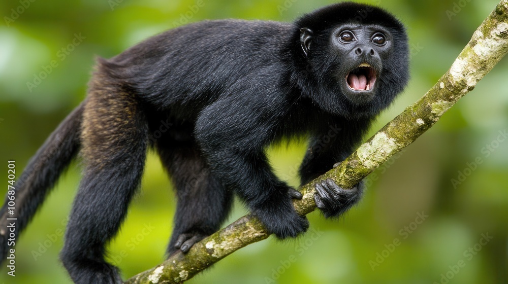 Howler Monkey Calling in Morning Light through Foliage Howler Monkey Calling in Morning Light through Foliage