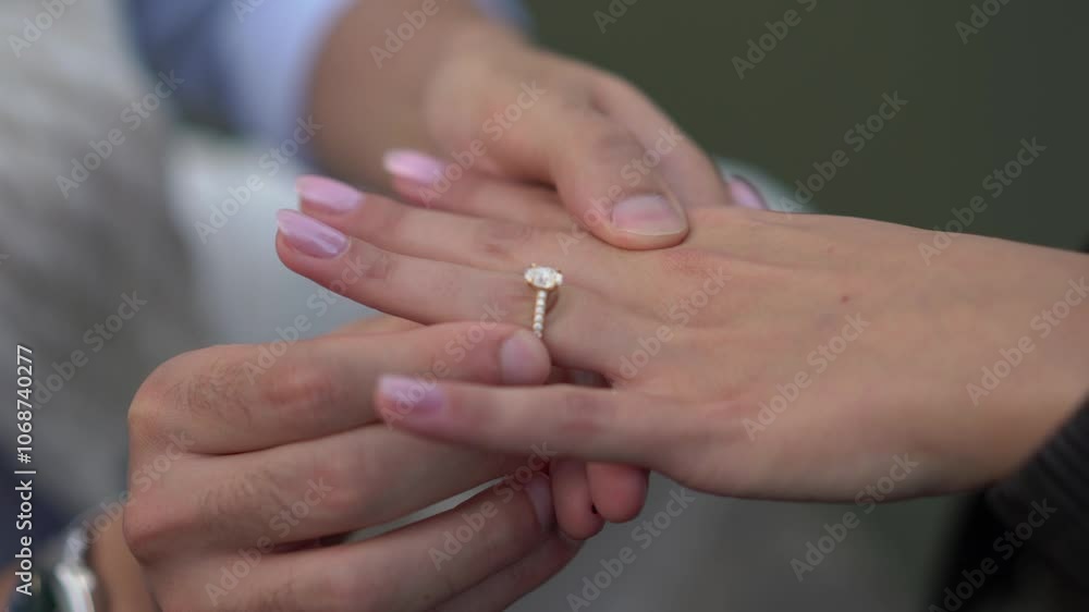 An enchanting romantic engagement moment features a beautiful diamond ring displayed on elegant, captivating hands An enchanting romantic engagement moment features a beautiful diamond ring displayed on elegant, captivating hands
