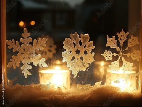 Candles and frosted snowflake decals on winter window. photo