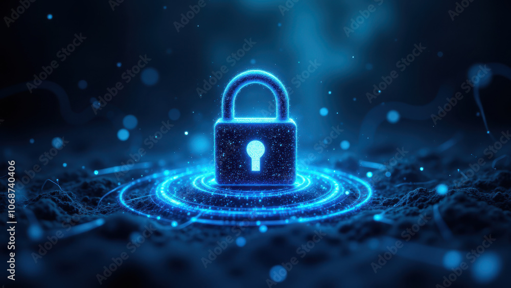 Iconic blue lock with glowing cyber background, symbolizing data encryption and security. Iconic blue lock with glowing cyber background, symbolizing data encryption and security.