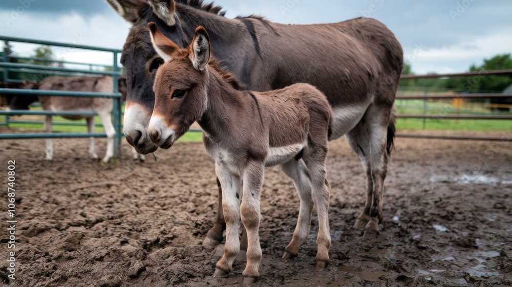 A photo of a young, very cute donkey standing in a dirty pen next to his mother. The colt has a hairy head and hooves in the mud. The mother donkey is trying to protect the foal from the weather. A photo of a young, very cute donkey standing in a dirty pen next to his mother. The colt has a hairy head and hooves in the mud. The mother donkey is trying to protect the foal from the weather.