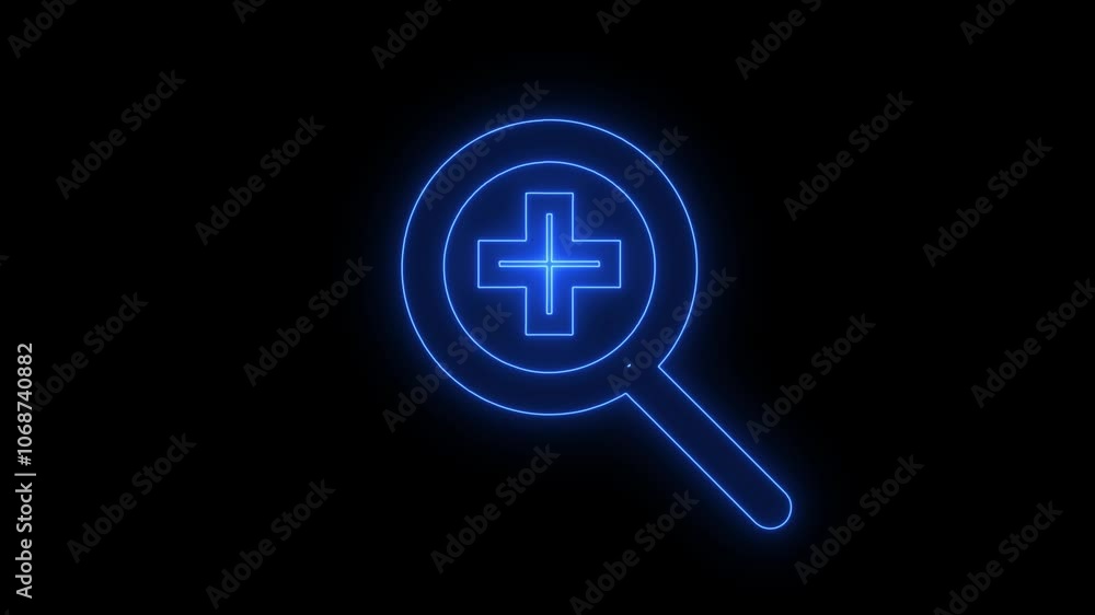 Glowing neon sign Magnifying glass zoom icon Plus icon with dark background. Glowing neon sign Magnifying glass zoom icon Plus icon with dark background.
