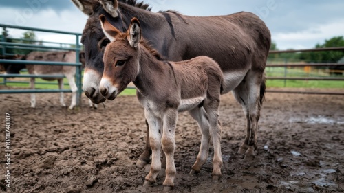 A photo of a young, very cute donkey standing in a dirty pen next to his mother. The colt has a hairy head and hooves in the mud. The mother donkey is trying to protect the foal from the weather.