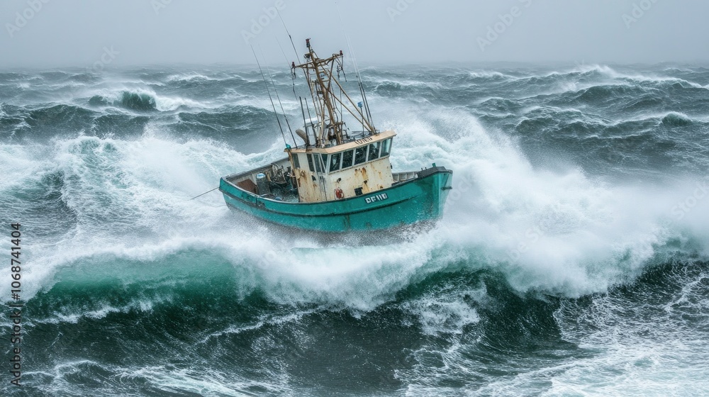 Naklejka premium Struggling Fishing Boat in Stormy Seas