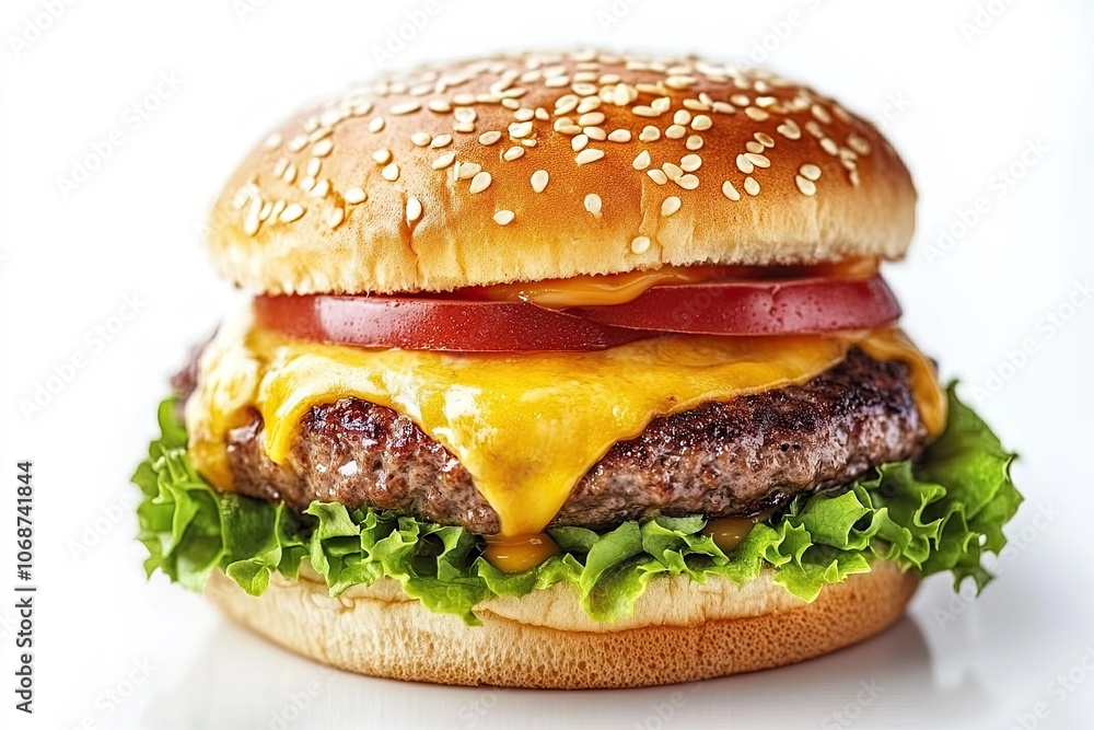 Delicious Burger Sandwich with Melting Cheese. isolated on white. close up Delicious Burger Sandwich with Melting Cheese. isolated on white. close up