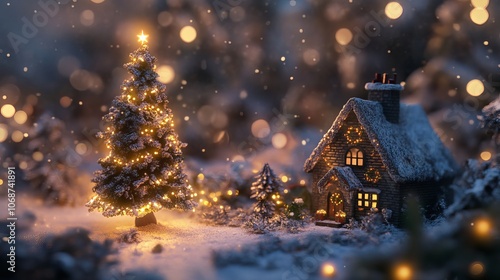 A quaint and cozy holiday setting, featuring a miniature Christmas tree adorned with twinkling lights, nestled amidst a pristine snowy backdrop. 