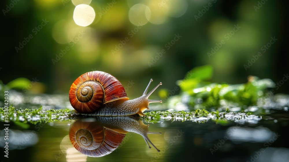 Colorful snail on serene water surface in nature Colorful snail on serene water surface in nature