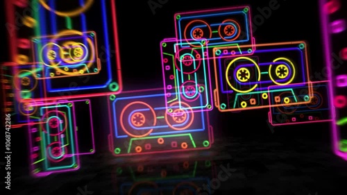 Tape retro music neon symbol. Light color bulbs. Vintage 80s analog audio cassette abstract seamless and loopable concept. 3d flying through the tunnel animation.