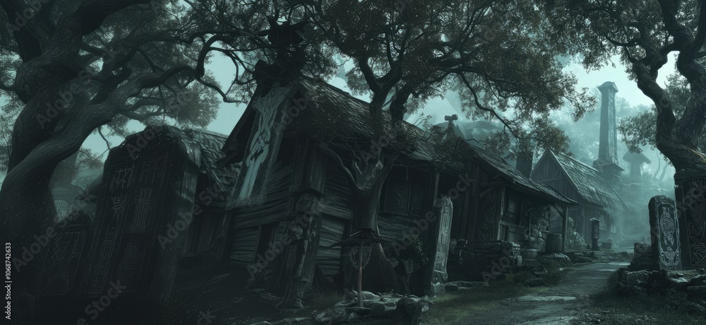 An ancient misty village with rustic buildings runestones and a dark mystical atmosphere. An ancient misty village with rustic buildings runestones and a dark mystical atmosphere.