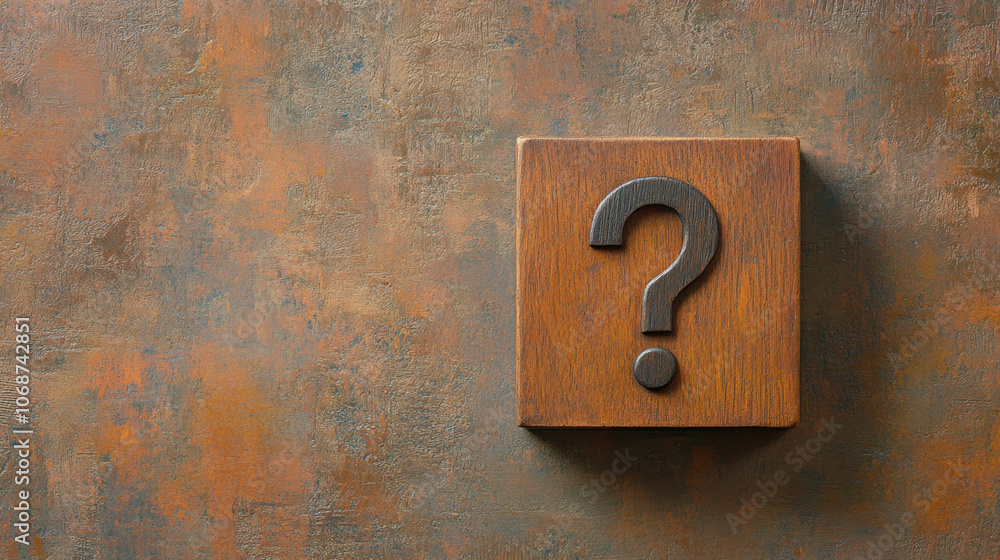 A wooden block features a prominent metallic question mark on a textured brown background, symbolizing inquiry and curiosity. A wooden block features a prominent metallic question mark on a textured brown background, symbolizing inquiry and curiosity.