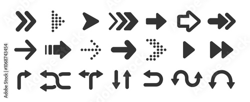 Set of black arrow icons. Various packaging symbols. Motion pointers. Site and player control buttons. Flat style logos. Information pointers. Wayfinding directions. Modern simple vector arrows.
