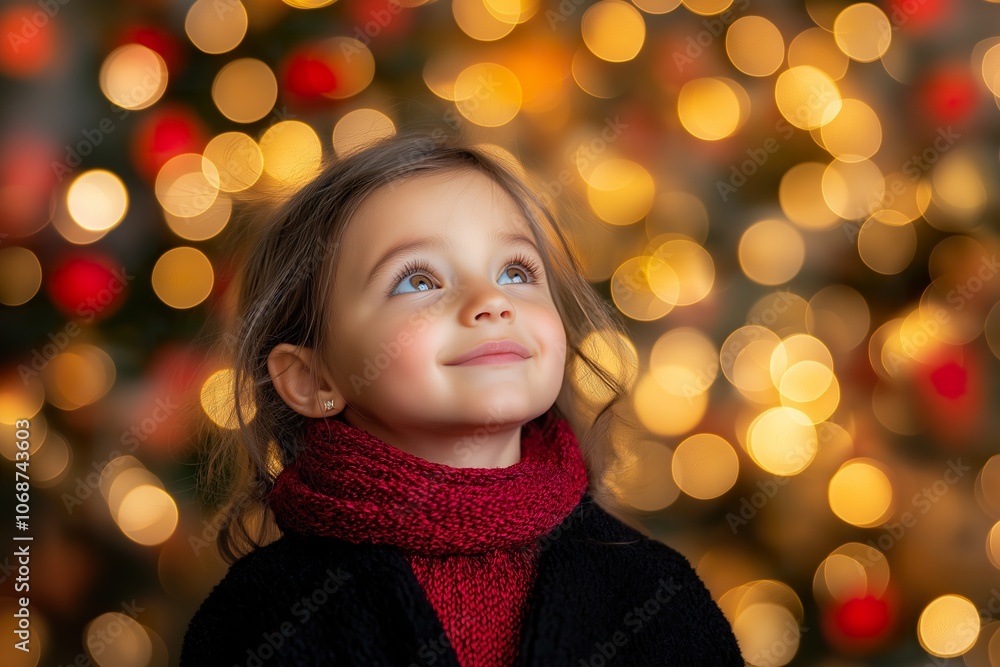 A dreamy girl with sparkling eyes gazes at a festive holiday backdrop A dreamy girl with sparkling eyes gazes at a festive holiday backdrop