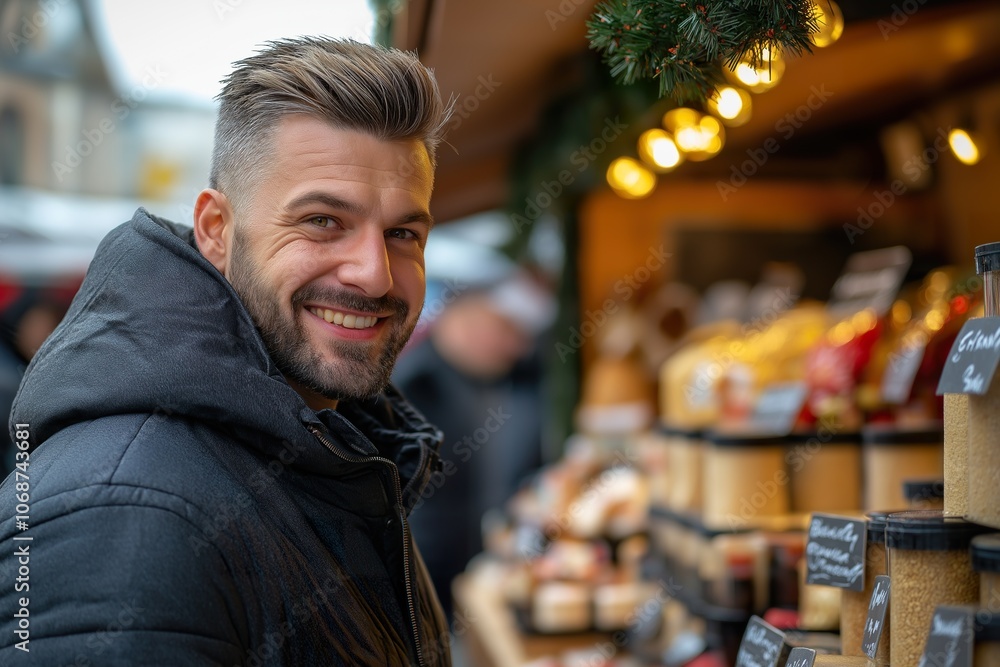 Young business owner at holiday market stall during festive season Young business owner at holiday market stall during festive season