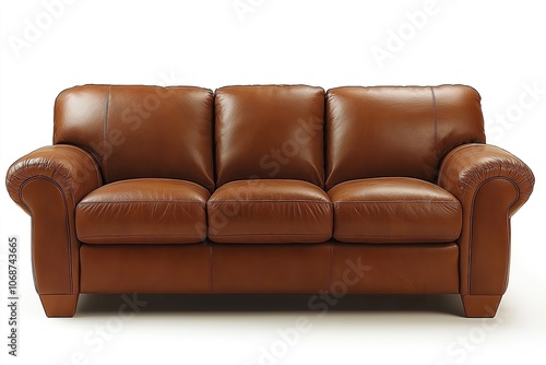 Classic leather sofa in rich brown color isolated on a white background