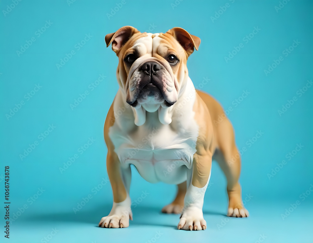 Fototapeta premium English bulldog puppy with serious look facing a camera against a bright background